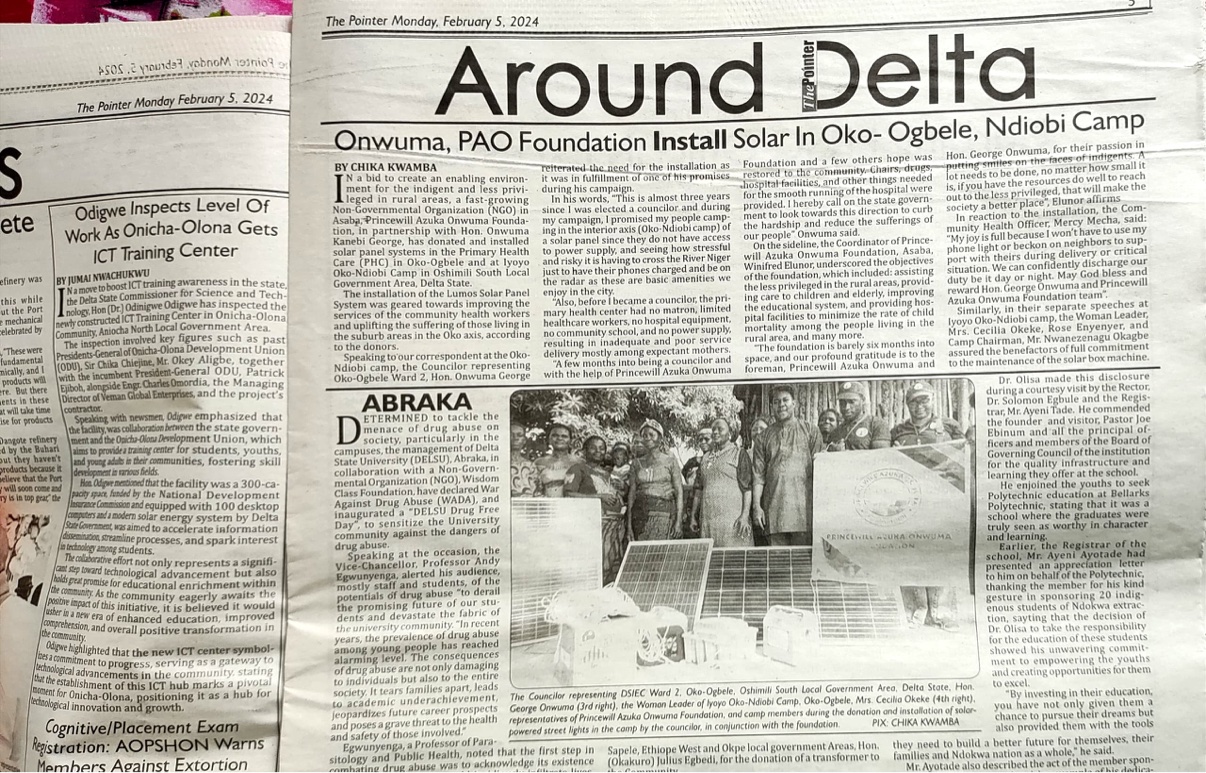 Newspaper coverage of the Foundation's solar donation